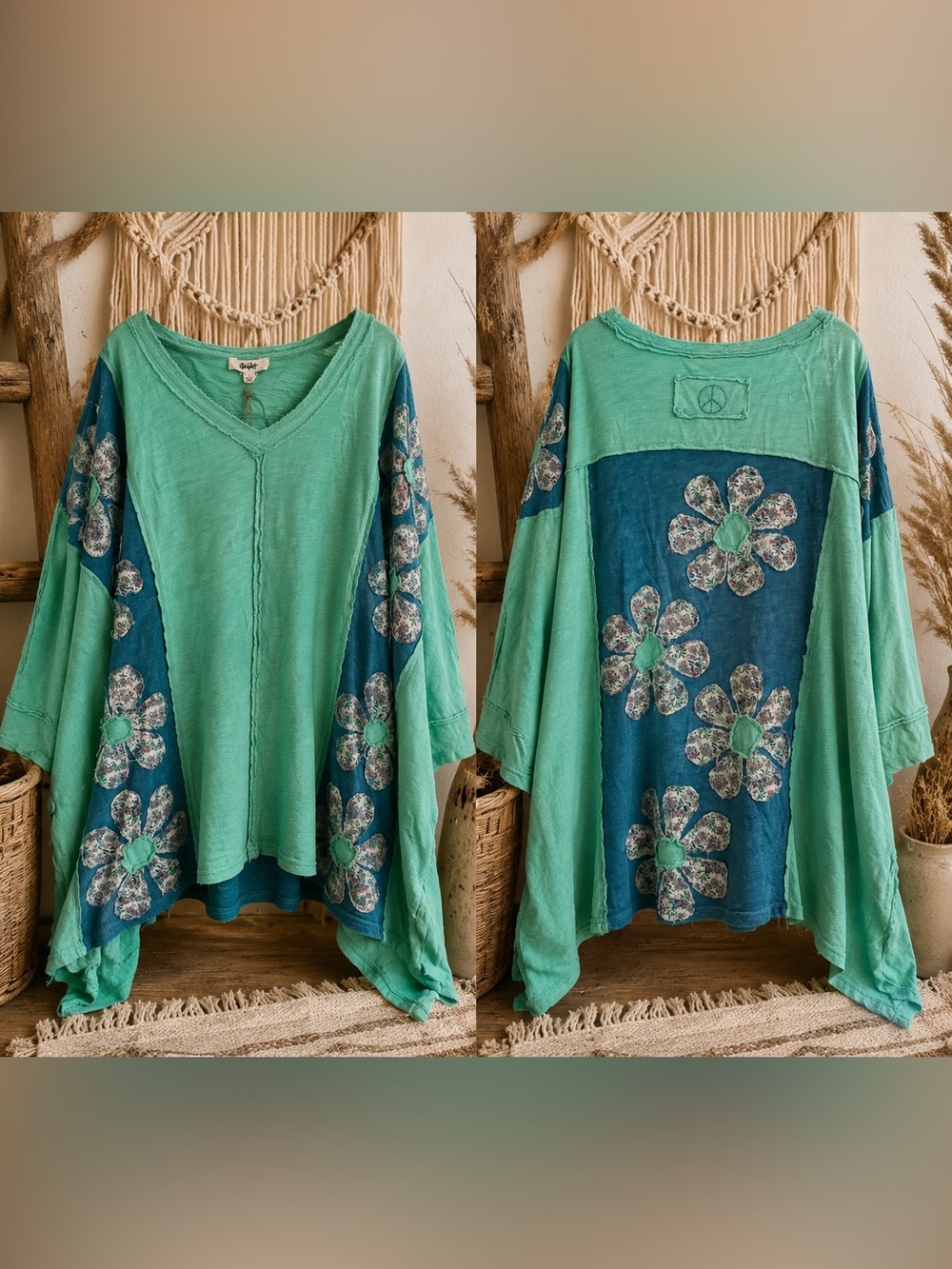 Blue Velvet Boho Green Floral Paneled Women's Top